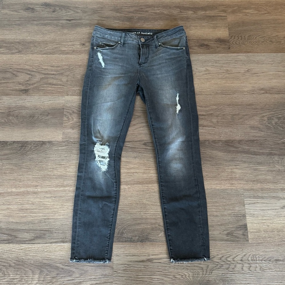 Articles of Society Distressed Black Wash Skinny Jeans‎ Raw Hem Denim